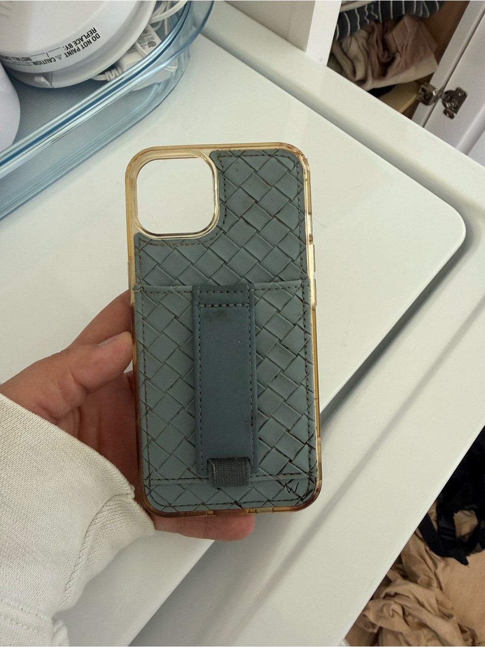 Woven-Pattern Phone Case with Rear Grip Strap - Slate Blue